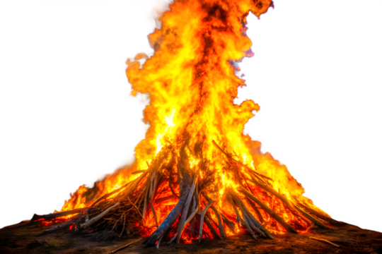 A large bonfire with bright orange and yellow flames burning intensely against a transparent background, symbolizing energy and warmth