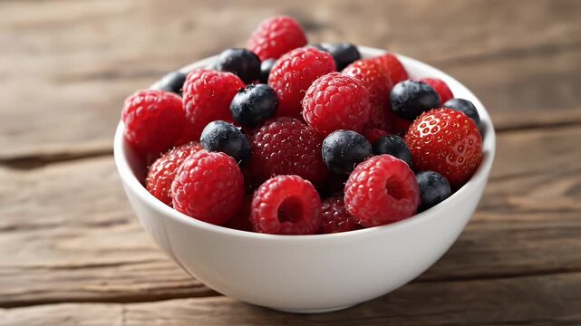 Circular dolly around a rustic bowl of mixed berries in soft daylight, celebrating bright antioxidant health and natural sweetness