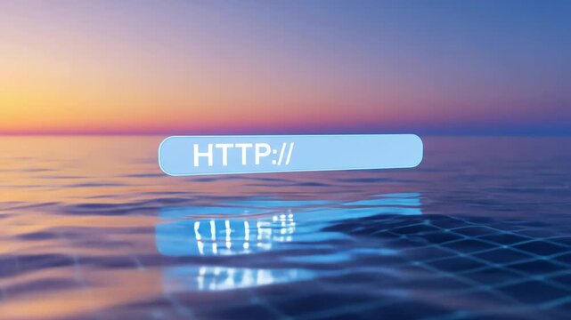 Serene Sunset Over Digital Ocean with Glowing HTTP Address Bar.