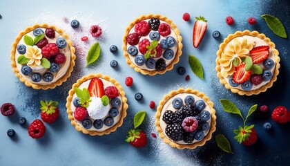 Berry tartlets or cake with cream cheese top view, Generative AI