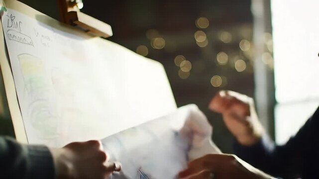 Close-up of hands ripping a sheet of paper from a large easel pad, capturing the dynamic energy of a creative brainstorming session.