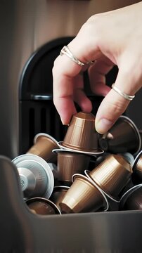 Close-up of a hand depositing a used coffee pod into a full recycling bin, emphasizing eco-friendly waste management and sustainable practices.