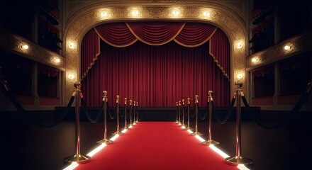 Elegant Theater Entrance with Red Carpet and Velvet Curtains Illuminated by Warm Lighting