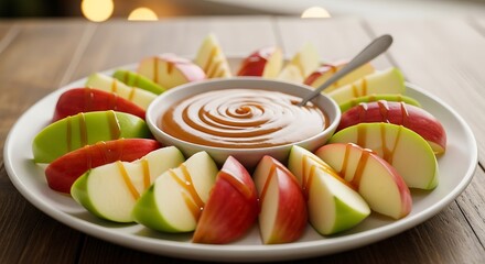 A white plate filled with sliced red and green apples arranged around a bowl of caramel dip, drizzled with extra caramel.