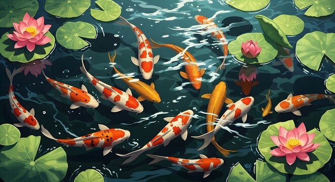 Digital illustration of colorful koi fish swimming among lily pads and pink water lilies in a serene pond with a vibrant and peaceful atmosphere.