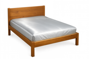 Simple wooden bed with white sheets isolated on transparent background, perfect for interior design projects