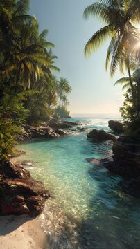Tropical beach paradise with palm trees and turquoise ocean water for summer vacation travel destination