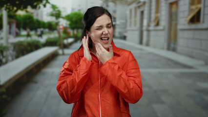 Fototapeta premium Woman wearing orange prison jumpsuit stands outdoors on a city street expressing discomfort.