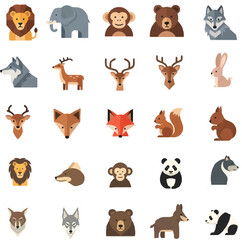 Obraz premium Set of modern flat design animal head icons. A diverse collection of wild forest and zoo animal portraits including a bear, wolf, fox, and deer.