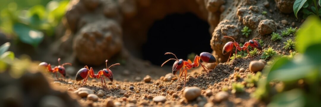 Harvester ant colony entrance, many ants bustling , mound, soil