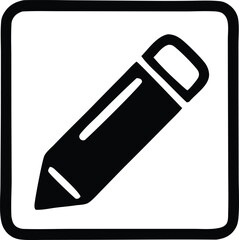 Simple black and white graphic icon of a pencil with a sharpened tip and eraser enclosed in a square border representing editing or writing