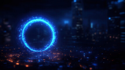Glowing blue digital portal hovering above cityscape at night with futuristic atmosphere and vibrant light effects