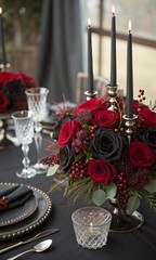 Elegant black table setting with red and black roses floral arrangement and candles for a formal dinner or wedding reception