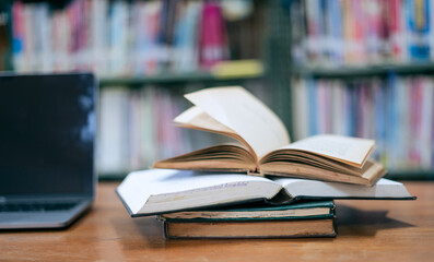 Books in the library and a laptop represent the concept of basic education.
