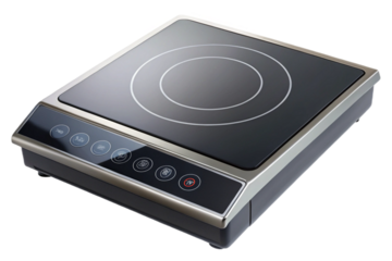 Modern induction cooktop with digital display on black background