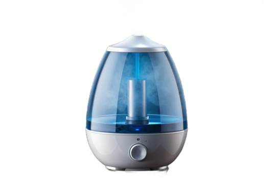 Modern ultrasonic humidifier with blue light on black background