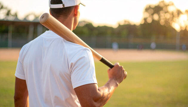 back view of young man carrying baseball bat on his shoulder