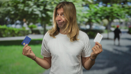 Man with long hair in white shirt holding two creditcards with visible chip in a green forest;...