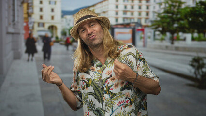 Fototapeta premium Blond man wearing straw hat and floral shirt moves hands in dance on a street lined with building facades; joy celebration.