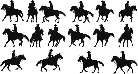 Cowboy riding horse silhouettes in various poses, western horse riding, ranch lifestyle vector, cowboy hat, equestrian movement, horse riding action collection