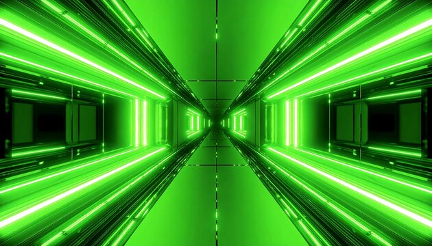 Futuristic green illuminated corridor with a reflective surface and light trails