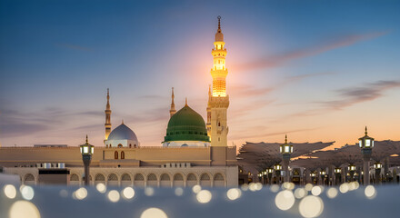 Milad un Nabi Maulid or Mawlid al Nabi Islamic background banner with Madina mosque gold dome lights
