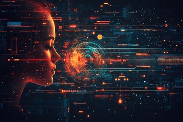 Futuristic Female Face with Digital Interface and Data Network in Neon Colors