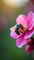 Blue orchard bee pollinating pink flower, serene closeup, macro, pollination