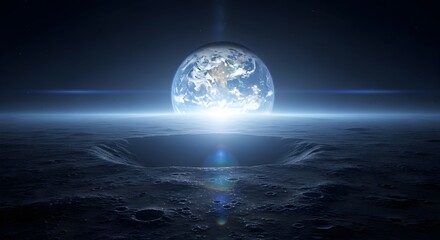 Fototapeta premium Earthrise is seen from the surface of the moon with a large crater view