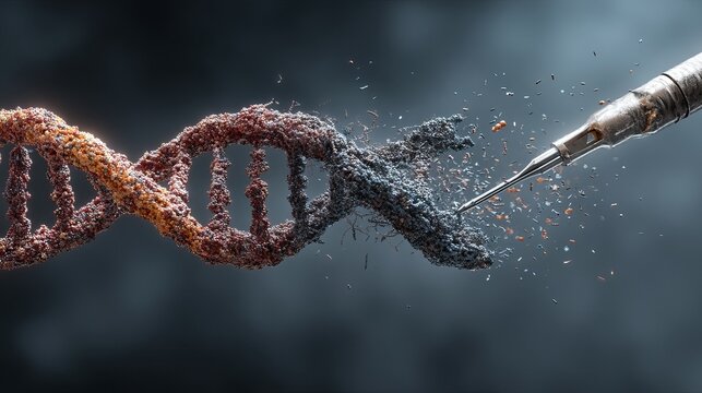 A stylized representation of DNA manipulation with a metallic tool altering its structure.