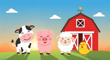 Cartoon farm animals standing in front of a red barn at sunset