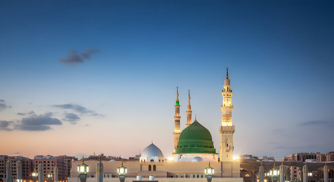 Milad un Nabi Maulid or Mawlid al Nabi Islamic background banner with Madina dome in moonlight glow
