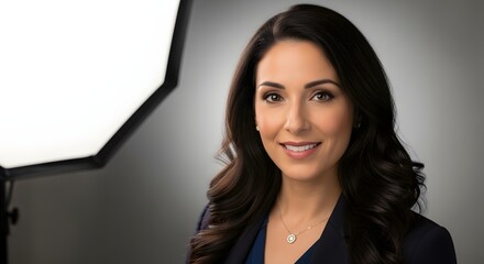 Close-up portrait of a smiling businesswoman with dark hair, wearing a blazer, against a gray background, studio lighting, professional headshot.