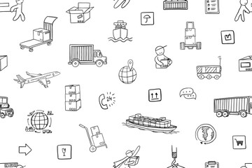 Seamless pattern of logistics theme in doodle style. Pushcart, cargo. Sea transportation, air transportation, truck transportation, transport. Messenger