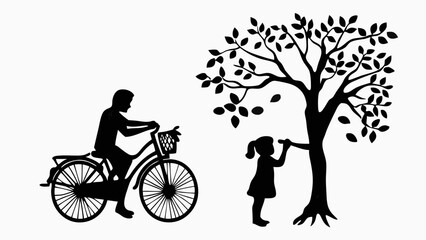 Obraz premium Silhouette of a person riding a bicycle and a child near a tree with leaves in black and white image