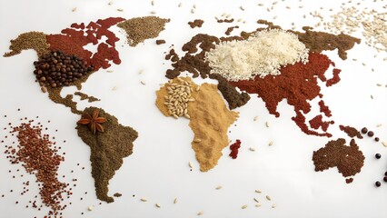 World Map Created with Various Spices and Grains on White Surface