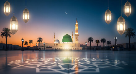 Milad un Nabi Maulid or Mawlid al Nabi Islamic background banner with Madina mosque and star patterns