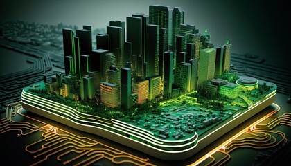 Fototapeta premium Smart city on circuit board background. Futuristic cyberspace concept