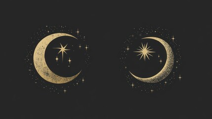 Celestial Dreamscape Two Golden Crescent Moons Surrounded by Sparkling Stars Night Sky