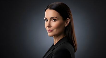 Close-up portrait of a confident businesswoman in a black blazer, looking over her shoulder against a dark gray background, conveying a sophisticated and professional