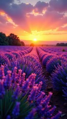 Naklejka premium Sunset hues paint lavender fields, golden light bathes purple blooms , summer, evening