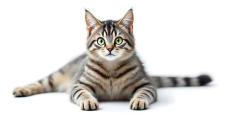 Obraz premium Curious Striped Tabby Cat Lying Down with Alert Green Eyes on White Background