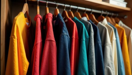 Wooden wardrobe with neatly folded sweaters and shirts , neutral, wooden, simple