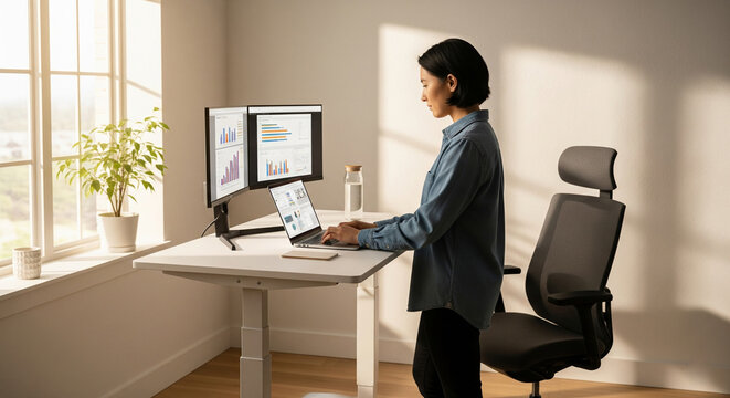 A bright home office scene with a professional working at an adjustable standing desk, typing on a laptop while maintaining proper posture.