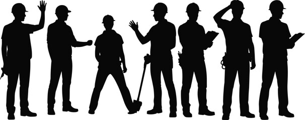 Silhouettes of construction workers wearing helmets, holding tools, shovels, clipboards, gesturing, standing and working in various poses, safety vector illustration