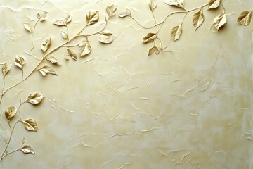 Artistic wall design with a decorative plaster and a sprig with golden leaves. Elegant surface with a natural motif for interior decoration.
