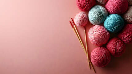 knitting needles and colorful yarn balls on warm coral backdrop