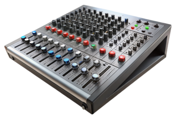 Professional audio mixer with numerous controls and faders