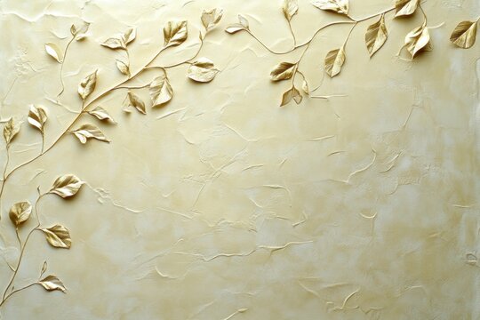 Artistic wall design with a decorative plaster and a sprig with golden leaves. Elegant surface with a natural motif for interior decoration.