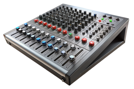 Professional audio mixer with numerous controls and faders
